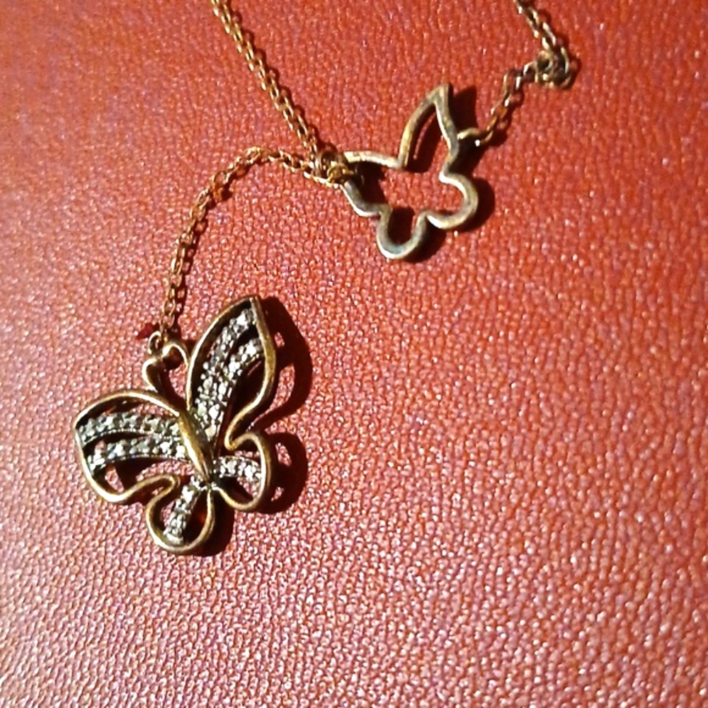 Sterling Double Butterfly Necklace Gold/Silver Diamonds